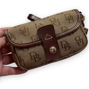 DOONEY & BOURKE Flap Wristlet Monogram Canvas Leather Trim Wrist Strap